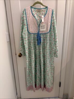 NWT SZ Blockprints Blueberry Print Mint Floral Tassel Dress with Pink Accents